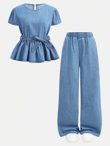 SHEIN 两件套少女时尚休闲Y2K复古酷炫街头风套装，舒适蓝色牛仔上衣配腰带，荷叶边袖口，松紧腰带宽松牛仔裤，适合儿童日常穿着，也适合春夏派对、节日和街头服饰。 - 藍色 - 查看 5