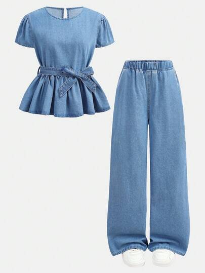 SHEIN 两件套少女时尚休闲Y2K复古酷炫街头风套装，舒适蓝色牛仔上衣配腰带，荷叶边袖口，松紧腰带宽松牛仔裤，适合儿童日常穿着，也适合春夏派对、节日和街头服饰。