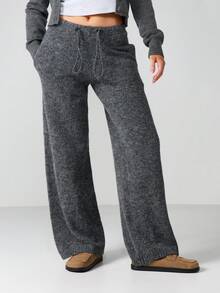 MISSGUIDED Knit Drawstring Waist Wide Leg Cuffed Jogger Pants With Relaxed Fit And Ribbed Hem Details For Casual Loungewear - Grey - View 5