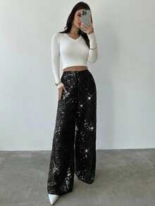 Firerie Women's Fashion Casual Sequin Pleated Long Pants, Suitable For Parties And Gatherings - Black - View 3
