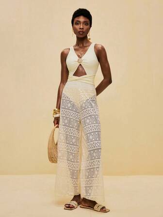 SHEIN Veneréa Women's Solid Color Gold Wire Decor V-Neck Sexy One-Piece Two Pieces Swimsuit