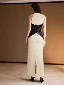 MOTF PREMIUM 修身蕾丝撞色长连衣裙，秋冬季 - 杏色 - 查看 3