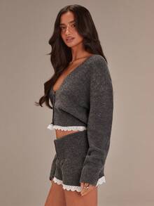 Athîral Set de 2 piezas de cárdigan de punto gris casual y shorts para mujer