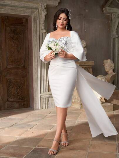 Aureia Plus Size Elegant Romantic White Sweetheart Neck Bow Decor Luxury Beaded Patchwork Knit Fabric Bodycon Cocktail Dress (Detachable Bow)