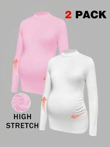 Modmama Kaos Ibu Hamil Lengan Panjang Kasual Kerah Lipit untuk Perjalanan Sehari-hari - Berwarna merah muda - View 12