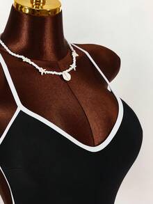 Amplova Traje de baño de una pieza con recortes en contraste negro y blanco, sin espalda, atuendo sexy para vacaciones y el Día de San Valentín - Multicolor - Ver 7