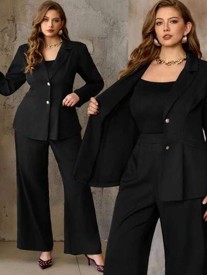 Flirla 秋冬大码梭织套装，立领收腰长袖直筒裤，黑色裤装，女士裤装套装，商务休闲两件套，黑色套装，女士职业套装，女士西装，办公室着装，大码曲线办公室着装，大码裤装，女士套装