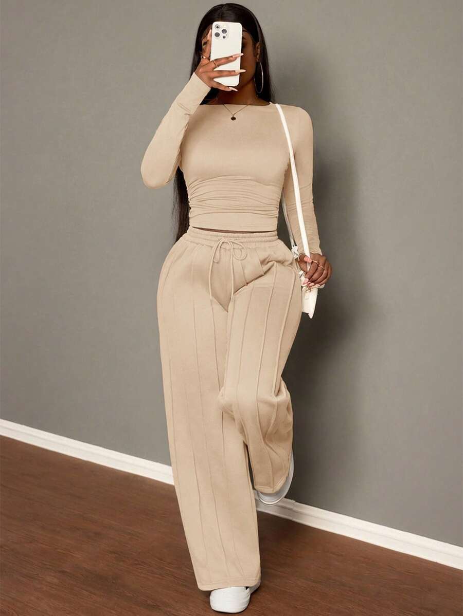Slaydiva Bộ đồ nữ cỡ lớn màu trơn tay dài xếp ly và quần ống rộng, kiểu dáng thường ngày, kín đáo và thoải mái. - Màu be - Xem 1