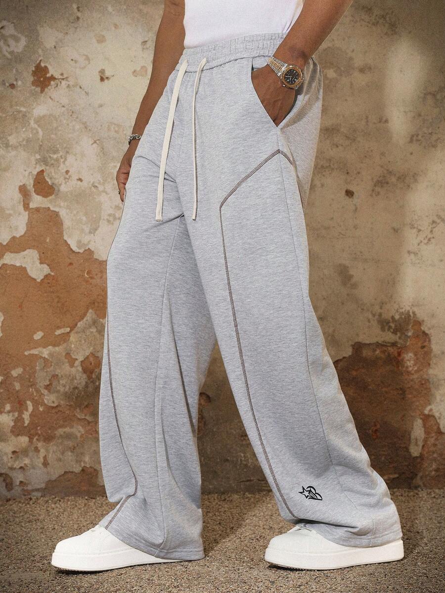 PAVTROS Men's Solid Color Casual Straight Wide-Leg Sweatpants,Gray,Summer,Streetwear,City Break,Baggy Loose-Fitting Sporty Stitching Oversized Flared Retro - Grey - View 1
