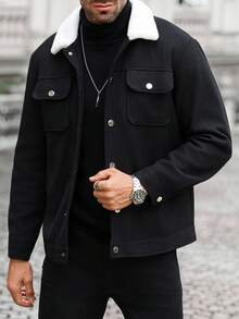 Manfinity CasualCool Men's Plus-Size Solid Color Casual Jacket, Suit Jacket Suitable For Autumn And Winter, Men's Black Denim Jacket, Men's Wool Jacket, Men's Shirt Jacket, Men's Jackets And Coats Black Jean Jacket Men Men Shacket Mens Jackets And Coats - Black - View 7