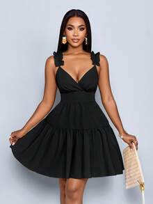 SOLERSUN Váy ngắn hở lưng, dáng rộng, màu trơn thời trang xuân hè dành cho nữ, trang phục dự tiệc, ngày lễ, trở lại trường, lãng mạn - màu đen - Xem 6