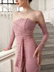Elenzga Vestido elegante de encaje con ajuste ceñido y vibra de alta gama, adecuado para compromiso nupcial, banquete, escote corazón sin tirantes, abertura, mangas, color rosa - Rosa - Ver 3