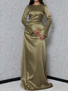 SHEIN Tall Women's Trumpet Sleeve Mermaid Dress - Olive Green - View 3
