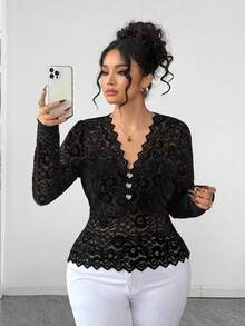 Elenzga Plus Size Lace Trim Heart Button Fitted Blouse Black Lace Shirt Black See Through Top Lace Long Sleeve Top Lace Shirts Lace Top Long Sleeve Lace Tops For Women - Black - View 5