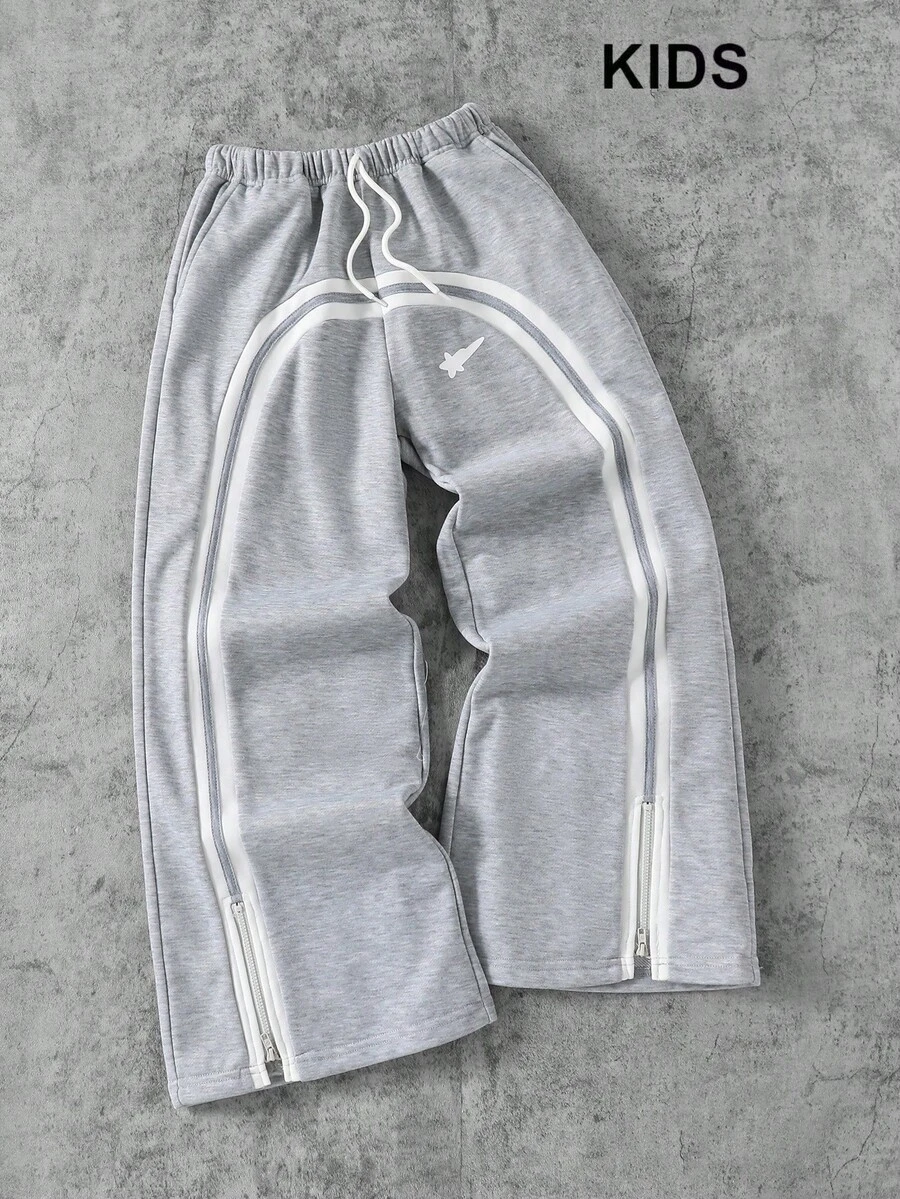 PAVTROS Pantalón de chándal casual de pierna ancha con cintura con cordón y cremallera para niño preadolescente - Gris - Ver 1
