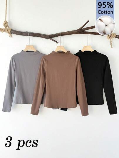 Tseoso 3 件 95% 纯棉纯色休闲百搭高领长袖 T 恤女款，黑色、灰色和棕色，秋冬优雅、正式、休闲、舒适别致、修身百搭，百搭