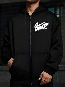 Hombre005 Sudadera con capucha y cremallera abierta para hombres, chaqueta con cremallera para caballeros, nueva , ajuste cómodo, ideal para hombres Sudadera con cierre y estampado elegante para hombres, cómoda y versátil para cualquier ocasión - Negro - Ver 1