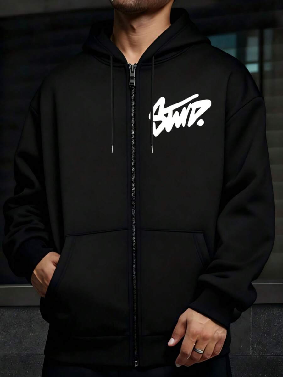 Hombre005 Sudadera con capucha y cremallera abierta para hombres, chaqueta con cremallera para caballeros, nueva , ajuste cómodo, ideal para hombres Sudadera con cierre y estampado elegante para hombres, cómoda y versátil para cualquier ocasión - Negro - Ver 1