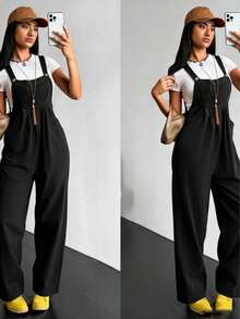 Petos con parche de letra con bolsillo delantero sin camiseta, Mono de de pierna ancha y bolsillos para mujer con ajuste holgado, versátil y casual - Negro - Ver 2