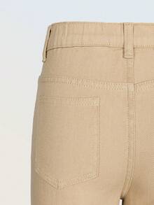 SHEIN ChillGRL Denimly Girls Casual Minimalist Academy Style Washed Denim Elastic Waist Zipper Hem Cropped Jeans - Khaki - View 5