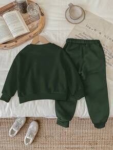 男婴针织柔软休闲经典骑士图案印花圆领卫衣和运动裤套装，适合秋冬季穿着 - 墨綠色 - 查看 3