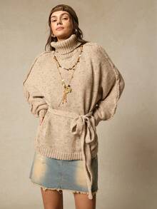 SoleilVie Women's Turtleneck Long Sleeve Knit Sweater, Autumn/Winter - Apricot - View 3