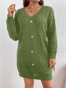 SHEIN LUNE 大码女式休闲落肩纽扣针织毛衣连衣裙，秋冬款 - 綠色 - 查看 5