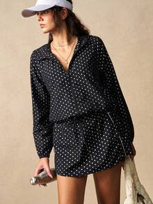 VARSIVA Women's Black And Silver Polka Dot Print Zipper Casual Back Hooded Long-Sleeve Sports Jacket.
