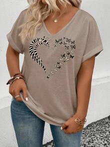EMERY ROSE Áo thun nữ cổ chữ V tay ngắn size lớn bán chạy nhất mùa xuân/hè mới có họa tiết bướm và trái tim - Màu Khaki - Xem 4