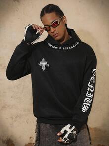 PAVTROS 男士嘻哈印花长袖连帽衫，男款，宽松，最佳，男友风，夏季，度假，Y2K，复古，朋友，哥特字体街头风 - 黑色 - 查看 1