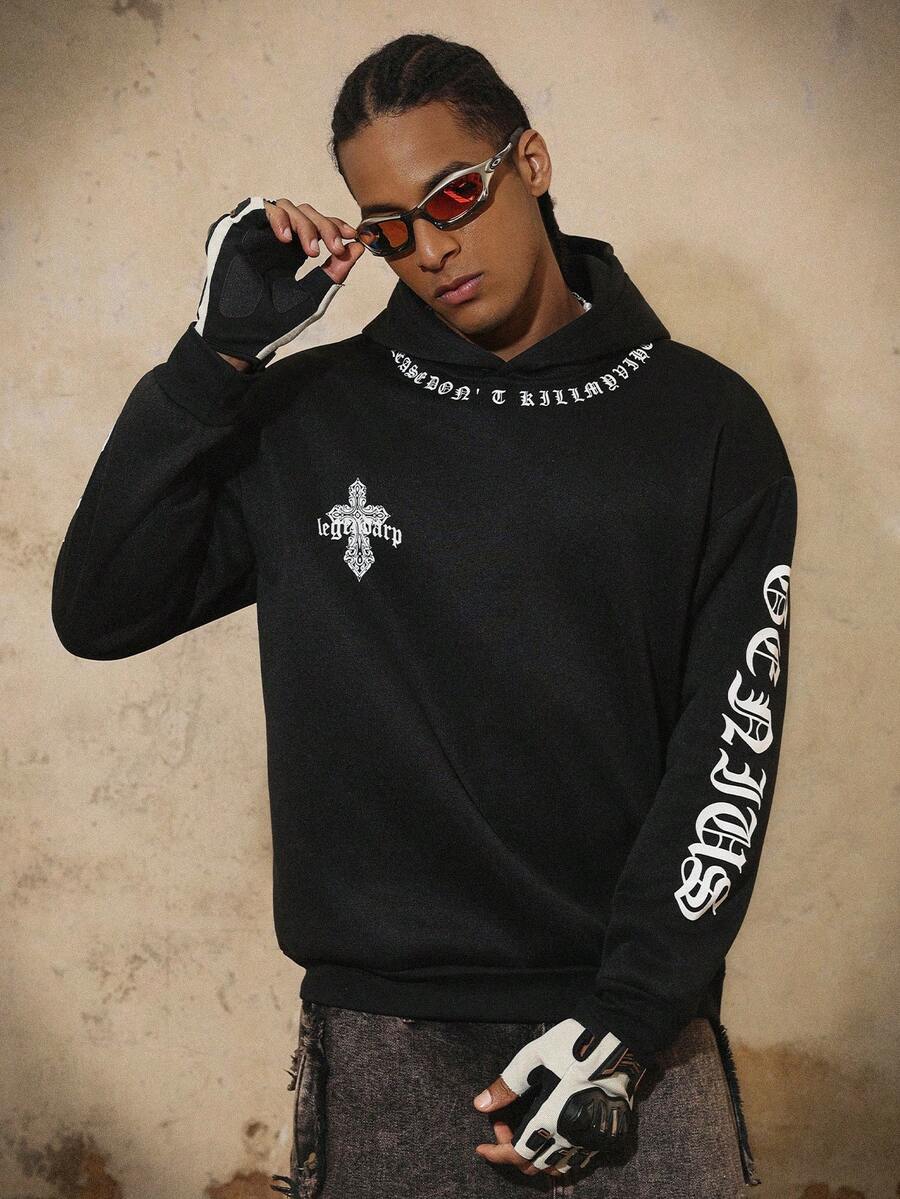 PAVTROS 男士嘻哈印花长袖连帽衫，男款，宽松，最佳，男友风，夏季，度假，Y2K，复古，朋友，哥特字体街头风 - 黑色 - 查看 1