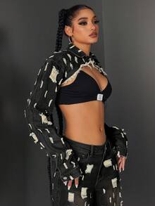 Jeanoix Women's Casual Fashion Street Chic Sexy Raw Edge Ripped Super Crop High-Low Hem Denim Jacket - Black - View 3