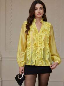 Revavyn Women's V-Neck Layered Ruffle Trim Loose Sheer Luster Long Sleeve Blouse - Yellow - View 5