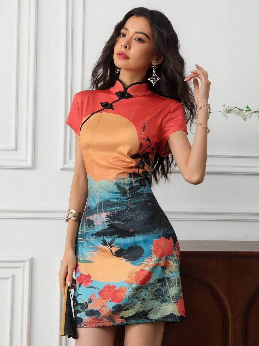 EastFlair Women's Elegant Landscape Printed Chinese Style Cheongsam Dress, Summer Chinese Style Dress