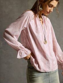 SoleilVie 女士复古佩斯利蕾丝边薄纱衬衫，秋冬衬衫，粉色衬衫 - 淺粉色 - 查看 5