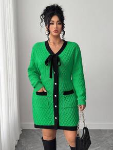 Elenzga Gaun Sweater Rajut Warna-warni Elegan untuk Wanita Ukuran Plus, Model Ikat Depan, Musim Gugur/Dingin - Hijau - View 7
