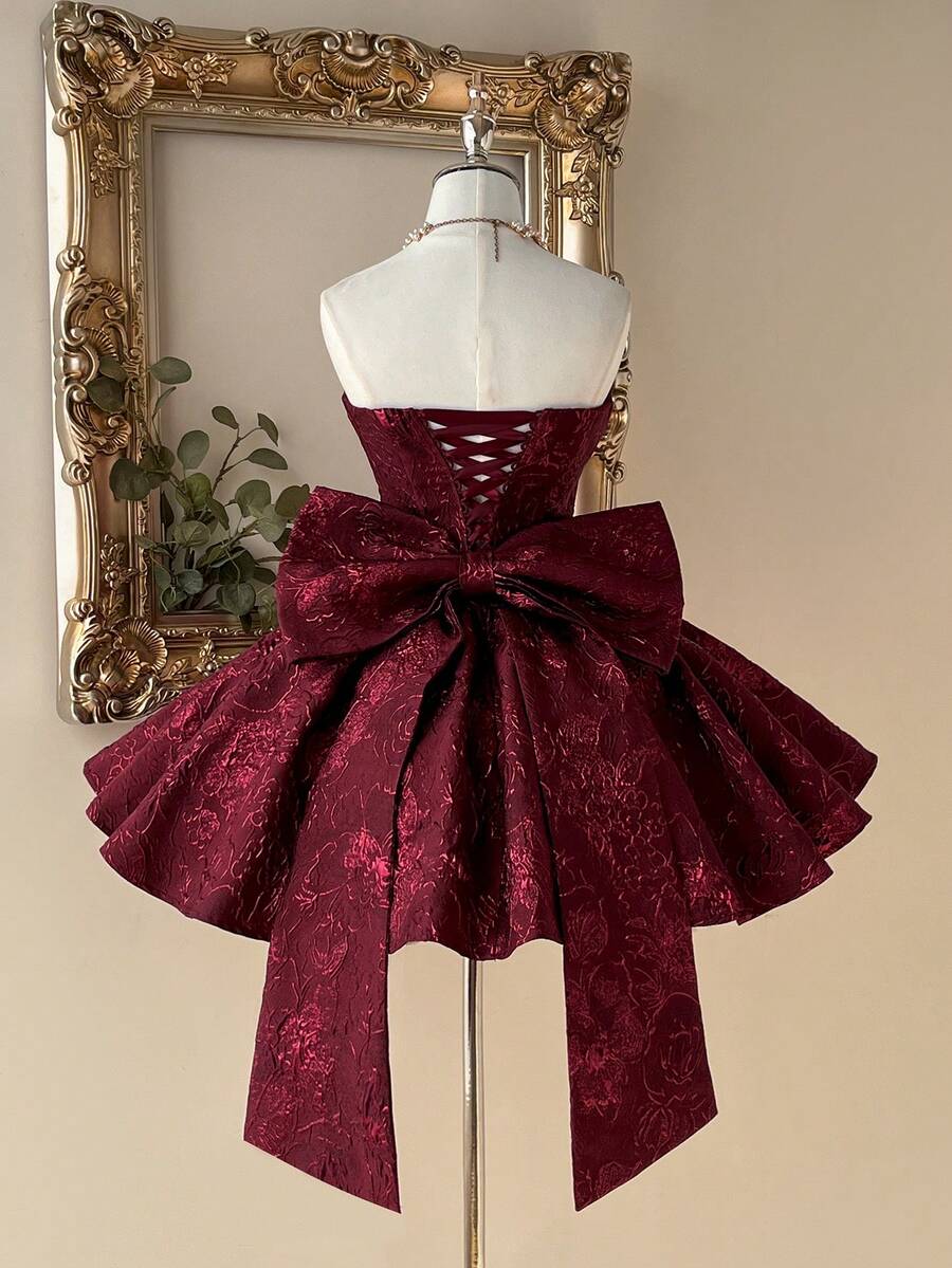 Lovelzi Elegant Wine Red Jacquard Fabric Strapless Flared Mini Dress,Detachable Bow Decor At Back,Suitable For Graduation,Wedding,Party,Ball & More