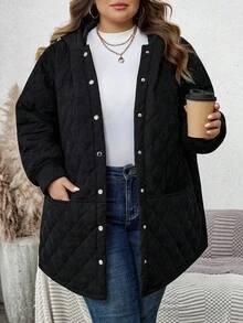 SHEIN CURVE+ 加大码灯芯绒绗缝连帽长袖口袋长款厚外套 - 黑色 - 查看 9