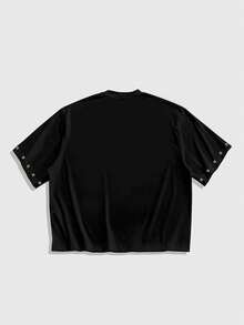 ROMWE MEN Street Life 男士休闲时尚街头十字链&标语印花铆钉装饰短袖黑色T恤，夏季 - 黑色 - 查看 2