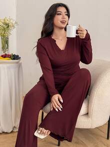 Dazy Plus Bộ đồ ngủ dài tay co giãn & ống đứng thời trang & thanh lịch, đồ ngủ cỡ lớn cho nữ - Màu Lilac Tím - Xem 7