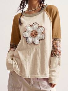 Bohemela 秋冬波西米亚风度假休闲拼接长袖宽松水洗女式印花T恤 - 杏色 - 查看 3