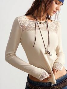 Bohemela 波西米亚风秋冬春季外套，女士休闲纯色针织撞色蕾丝长袖修身T恤，西部乡村风格，适合音乐会、度假、日常穿着、返校季、圣诞节、新年等场合。 - 杏色 - 查看 7