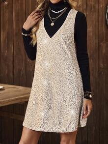SHEIN LUNE Women's Velvet Sequin Embroidered V-Neck Pinafore Dress & Knit Turtleneck Top 2-Piece Set,Cream And Black,Summer,Elegant,Night Out,Parties - Apricot - View 3