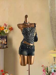 Attitoon Áo crop top buộc dây rút phía trước cho nữ - Xám - Xem 5