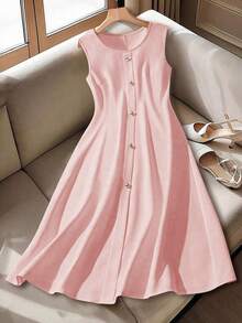 GlowEve CURVE Plus Size Women's Solid Color Round Neck Sleeveless Elegant Slim Fit Work/Casual French Style Dress