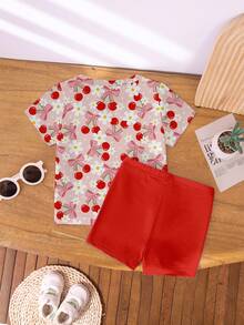 SHEIN 2件/套女童創意花卉、櫻桃、蝴蝶結圖案印花休閒T恤與短褲，姊妹套裝（2套分開販售） - 彩色 - 查看 2
