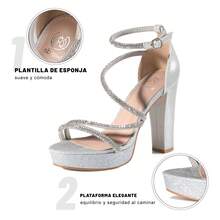 WEIDE Sandalias de Tacón Grueso con Brillantes para Mujer, Diseño Elegante con Plataforma, Material Glitter, Ideales para Vestidos de Noche, Fiestas, Bodas y Eventos de Gala - Plateado - Ver 5