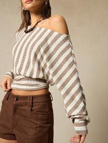 SoleilVie Women's Casual Striped Off-Shoulder Long Sleeve Knit T-Shirt - Khaki - View 5