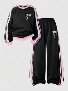 SHEIN 2件套女童休闲简约蝴蝶结装饰圆领长袖卫衣和裤子套装 - 黑色 - 查看 3