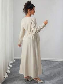 Momance Maternity Elegant Bow Contrast Color A-Line Long Sleeve Dress - Apricot - View 2